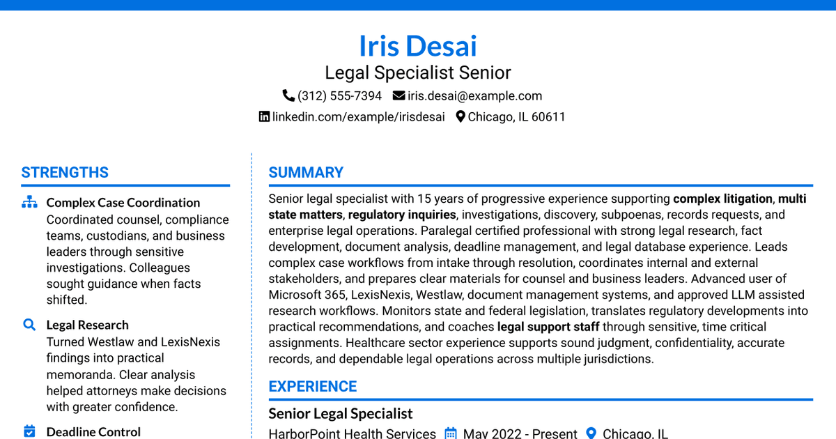 7 Legal Specialist Senior Resume Templates with Example