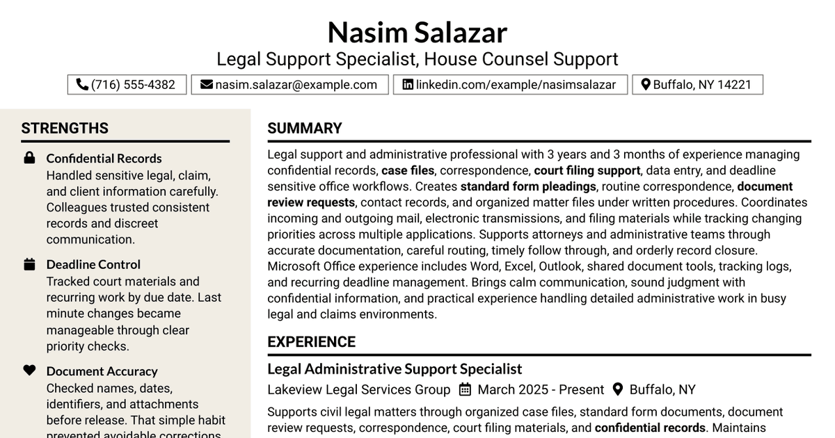 7 Legal Support Specialist - House Counsel Support Resume Templates with Example