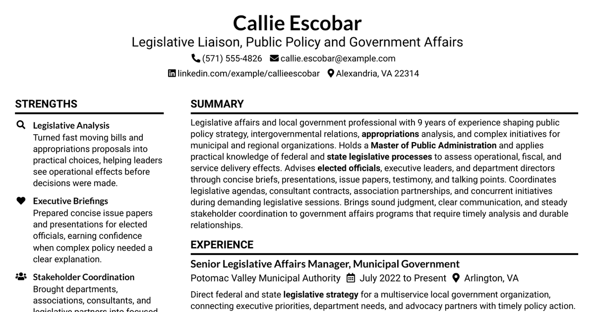 7 Legislative Liaison Resume Templates with Example