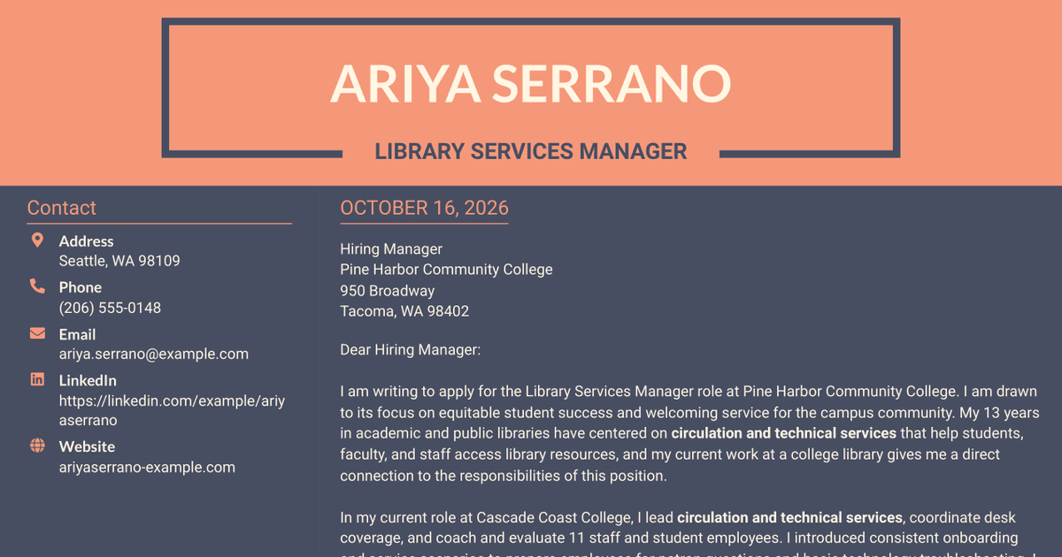 7 Library Services Manager - Circulation and Technical Services Cover Letter Templates with Example