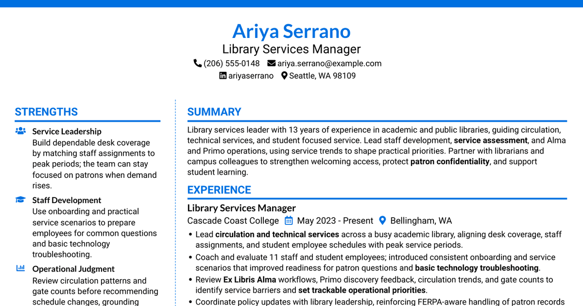 7 Library Services Manager - Circulation and Technical Services Resume Templates with Example