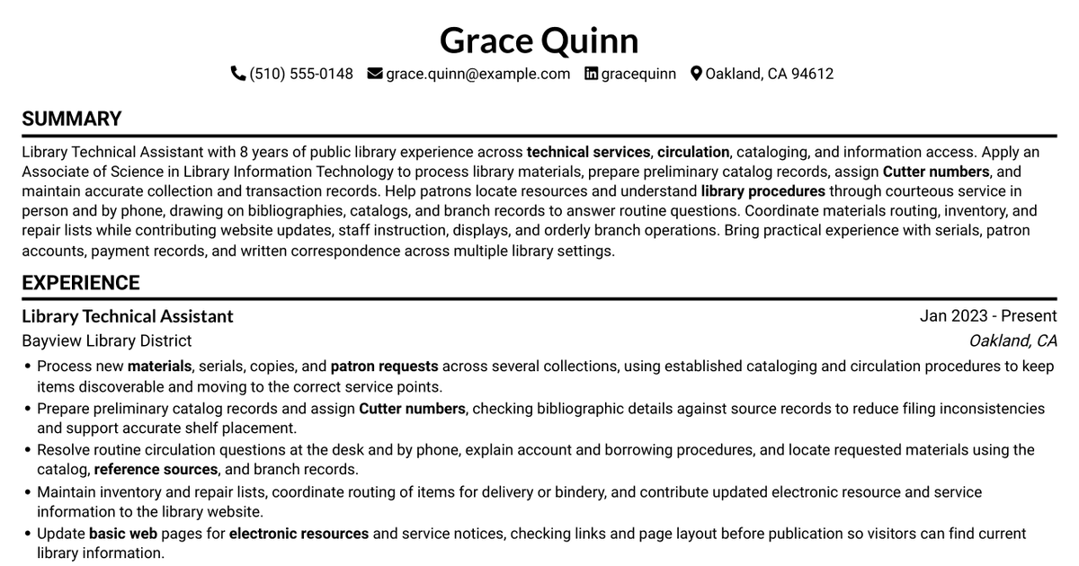 7 Library Technical Assistant I - Technical Services Resume Templates with Example