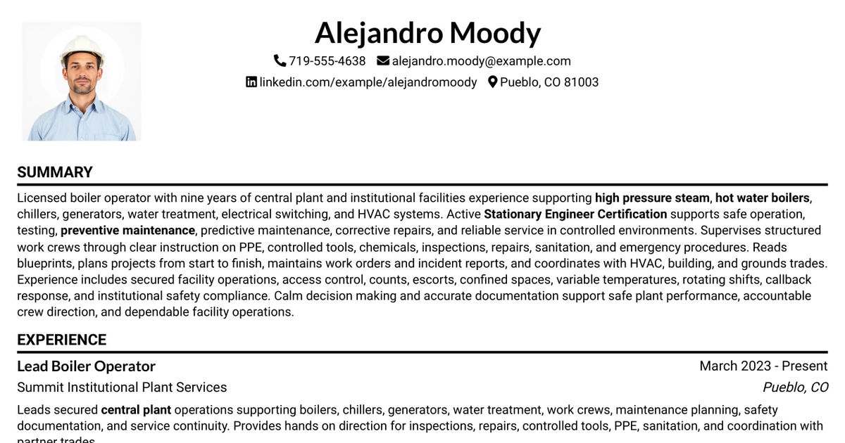 33 Licensed Boiler Operator - Correctional Central Plant Resume Templates with Example 2026 (ATS-Optimized)