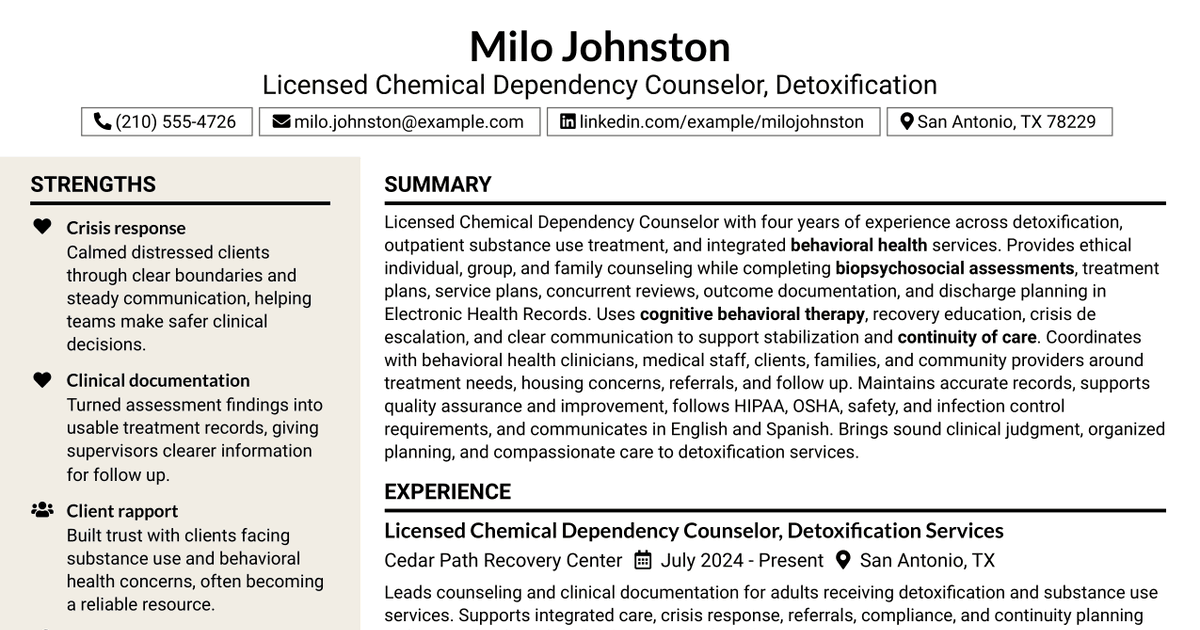 7 Licensed Chemical Dependency Counselor/Intern - Detoxification Resume Templates with Example