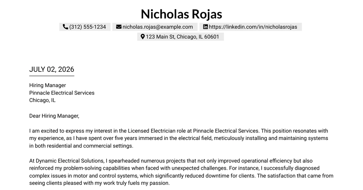 30+ Licensed Electrician Cover Letter Templates with Example 2026