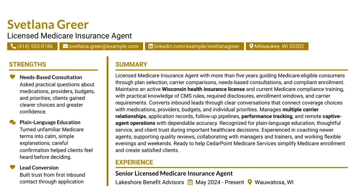 33 Licensed Medicare Insurance Agent (Remote) Resume Templates with Example 2026 (ATS-Optimized)