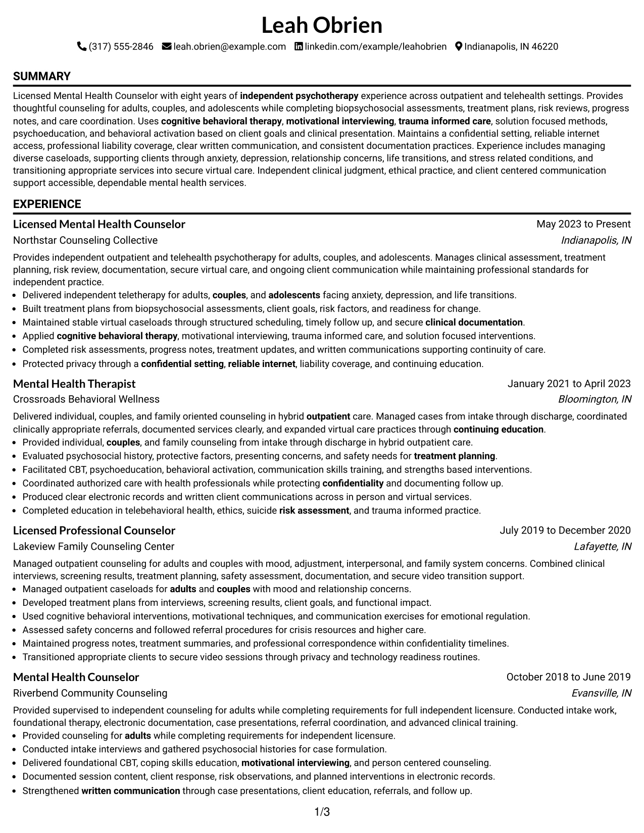 Resume Example Page 1
