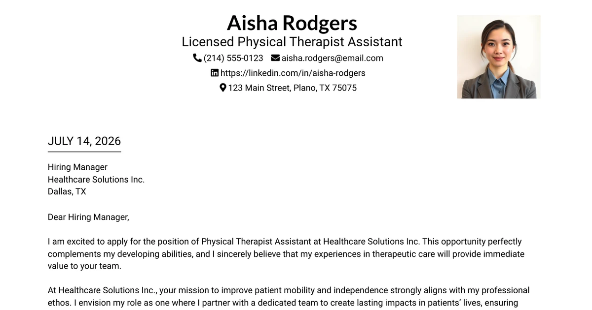 30+ Licensed Physical Therapist Assistant Cover Letter Templates with Example 2026