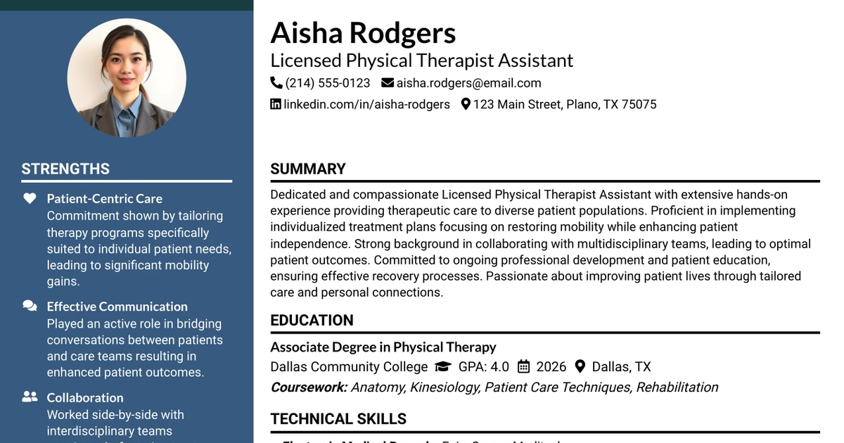 33 Licensed Physical Therapist Assistant Resume Templates with Example 2026 (ATS-Optimized)