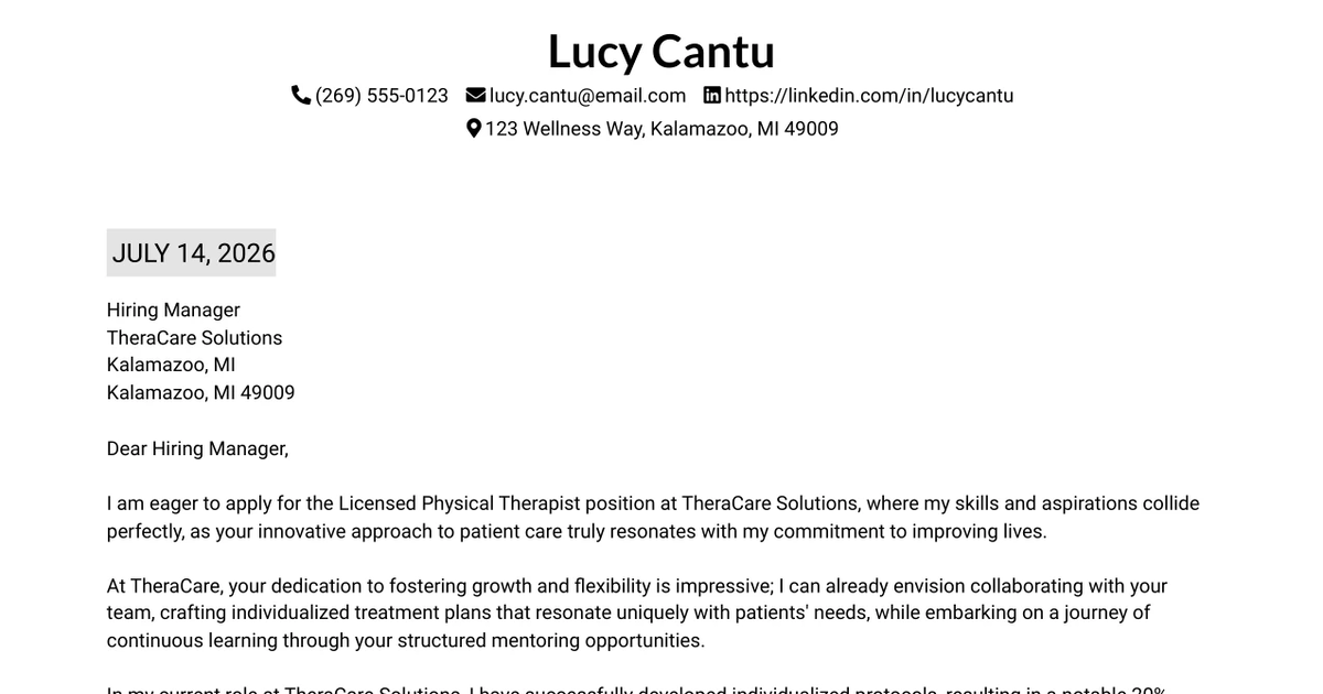30+ Licensed Physical Therapist Cover Letter Templates with Example 2026