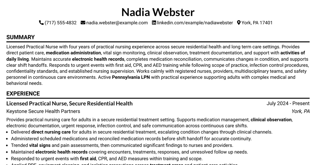 7 Licensed Practical Nurse - Correctional Health Resume Templates with Example
