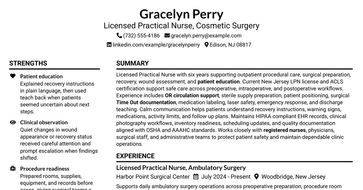 7 Licensed Practical Nurse - Cosmetic Surgery Resume Templates with Example
