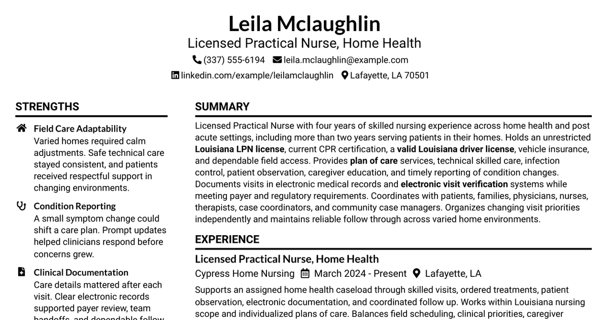 7 Licensed Practical Nurse - Home Health Resume Templates with Example
