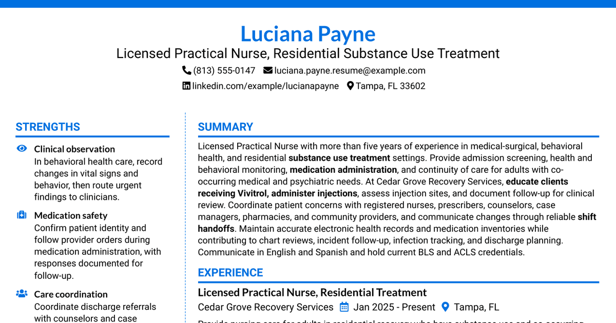 7 Licensed Practical Nurse - Substance Use Treatment Resume Templates with Example