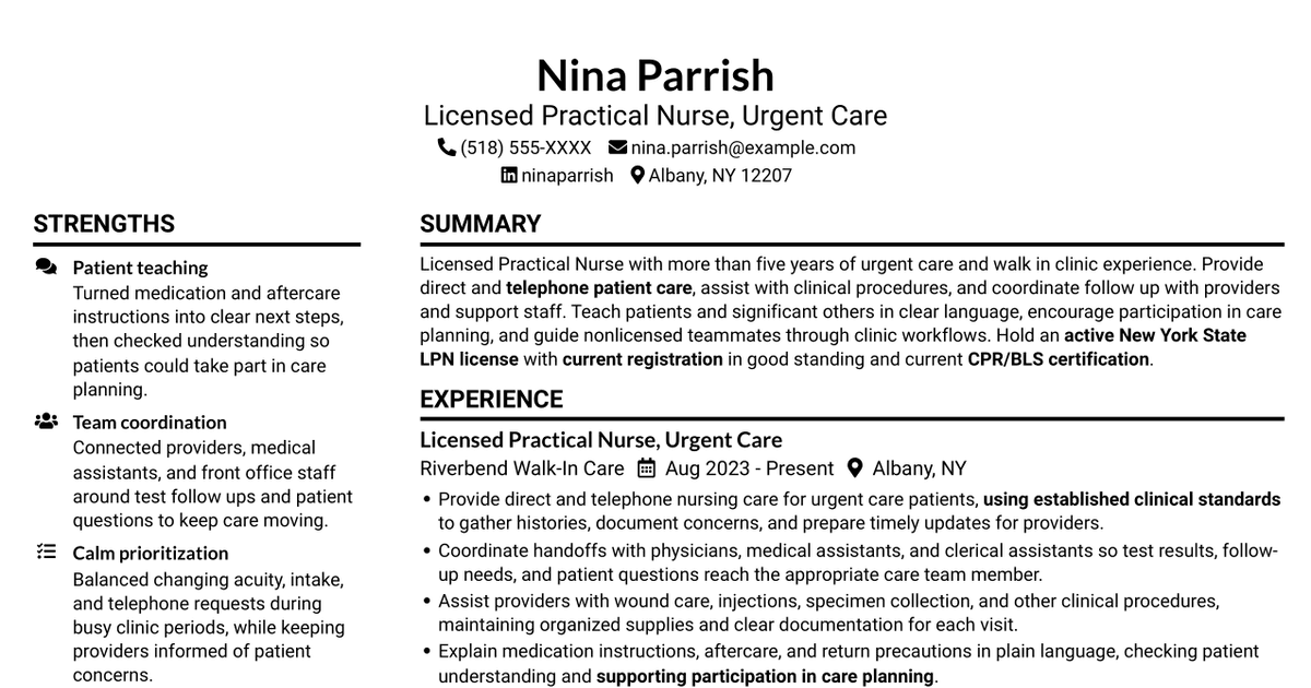 7 Licensed Practical Nurse - Urgent Care Resume Templates with Example