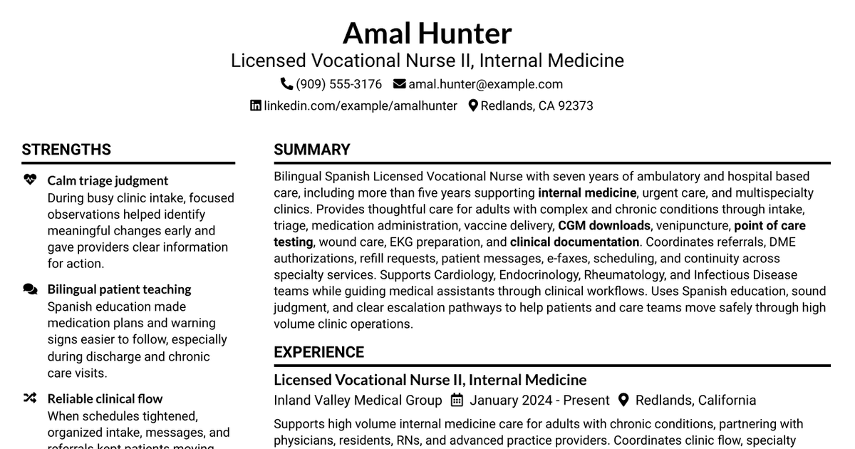 7 Licensed Vocational Nurse II - MSC-Internal Medicine Resume Templates with Example