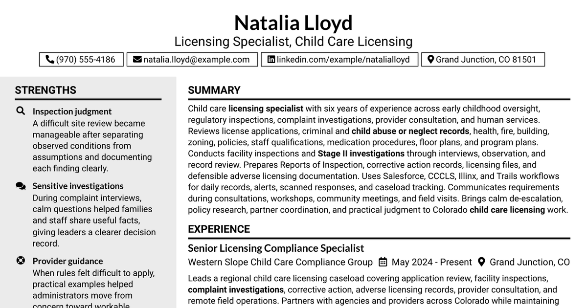 7 Licensing Specialist - Child Care Licensing Resume Templates with Example
