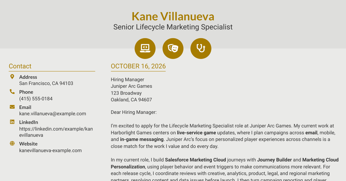 7 Lifecycle Marketing Specialist - Live Service Games Cover Letter Templates with Example