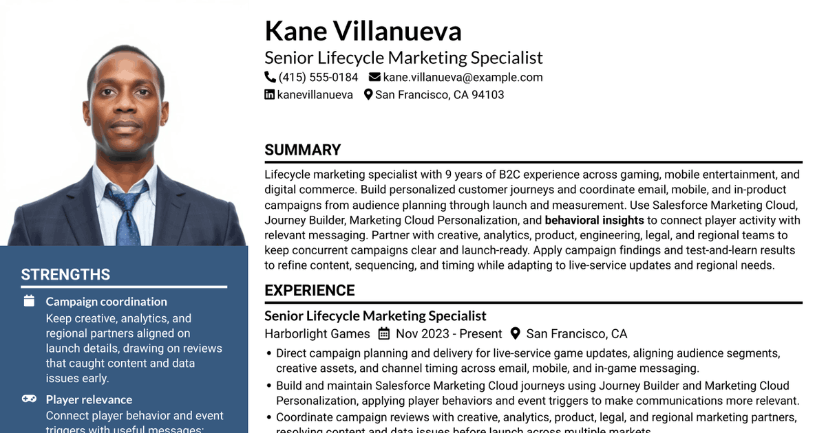 7 Lifecycle Marketing Specialist - Live Service Games Resume Templates with Example