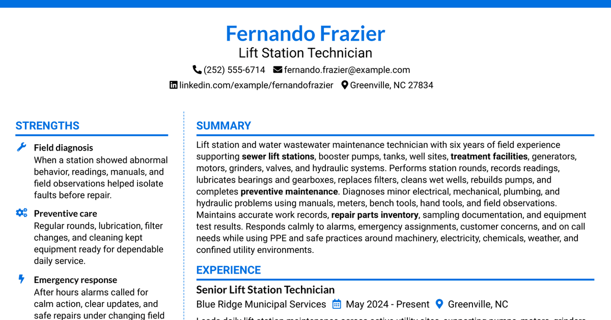7 Lift Station Technician Resume Templates with Example