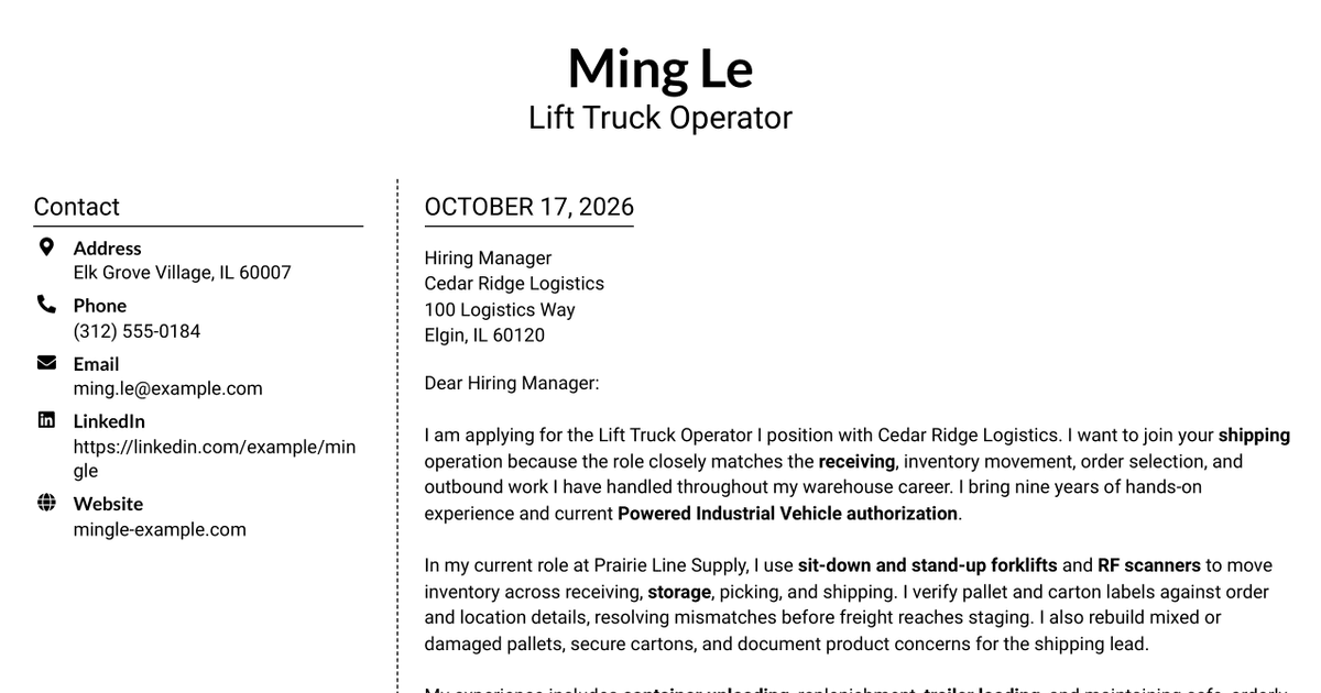 7 Lift Truck Operator I - Shipping Cover Letter Templates with Example