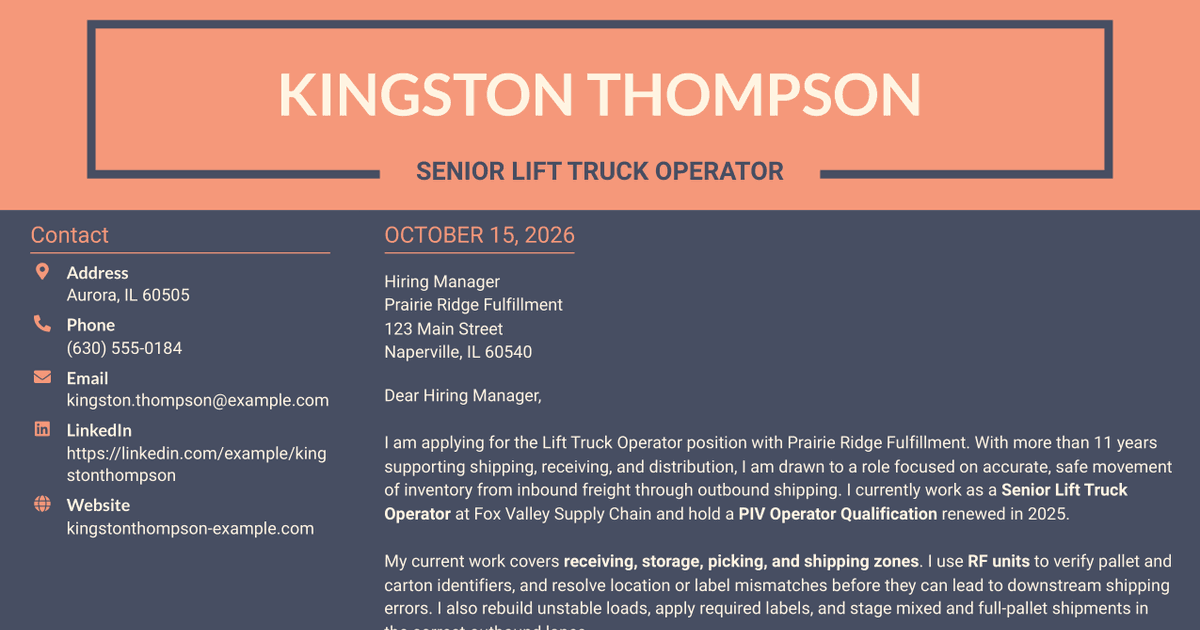 7 Lift Truck Operator - Shipping and Distribution Cover Letter Templates with Example