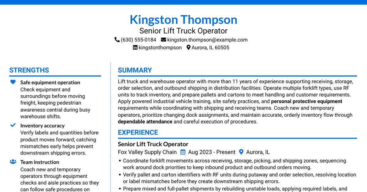 7 Lift Truck Operator - Shipping and Distribution Resume Templates with Example