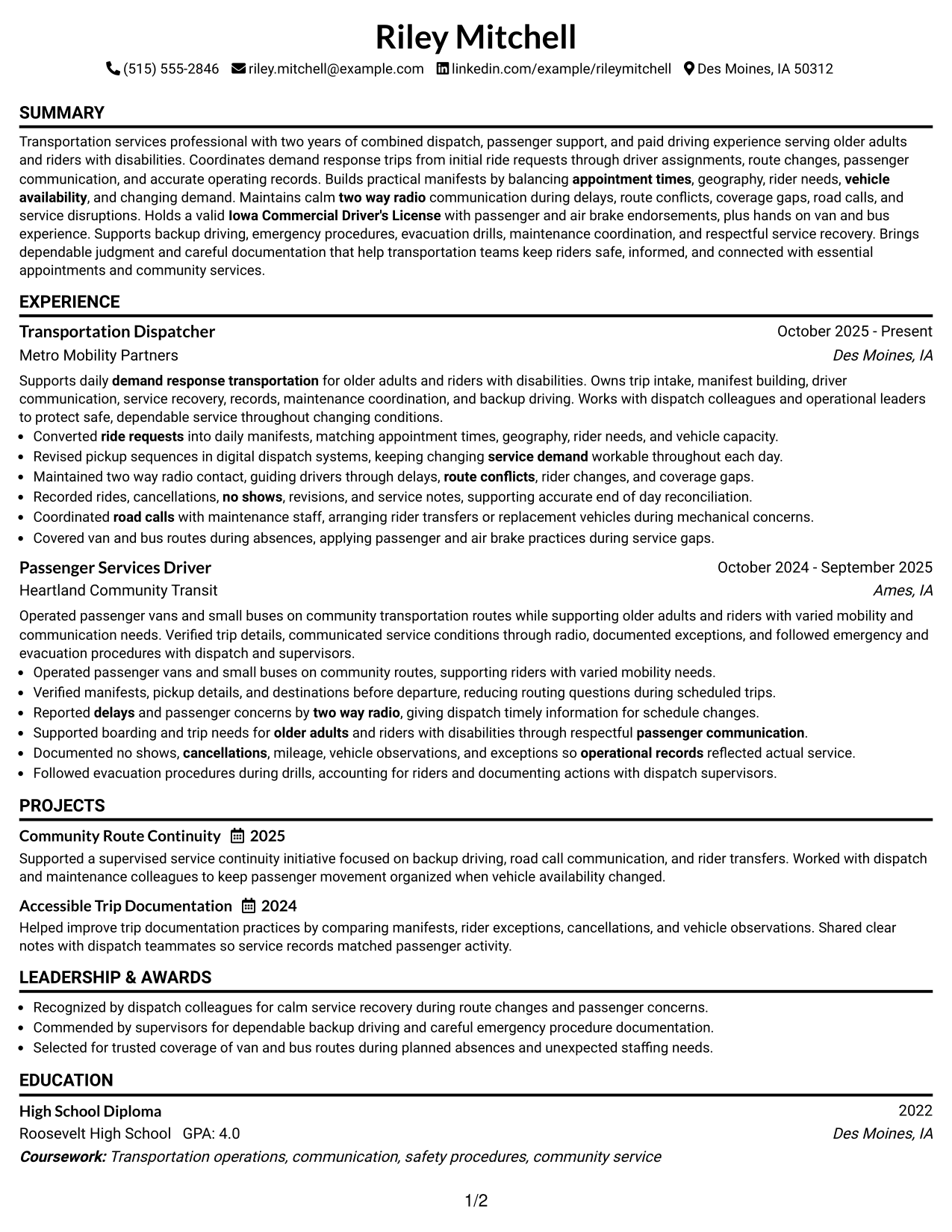 Resume Example Page 1