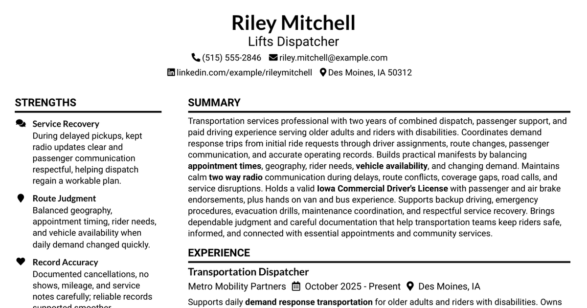 7 Lifts Dispatcher Resume Templates with Example
