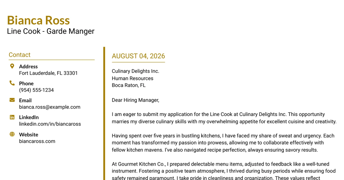 30+ Line Cook - Garde Manger Cover Letter Templates with Example 2026