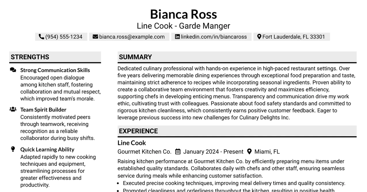 33 Line Cook - Garde Manger Resume Templates with Example 2026 (ATS-Optimized)