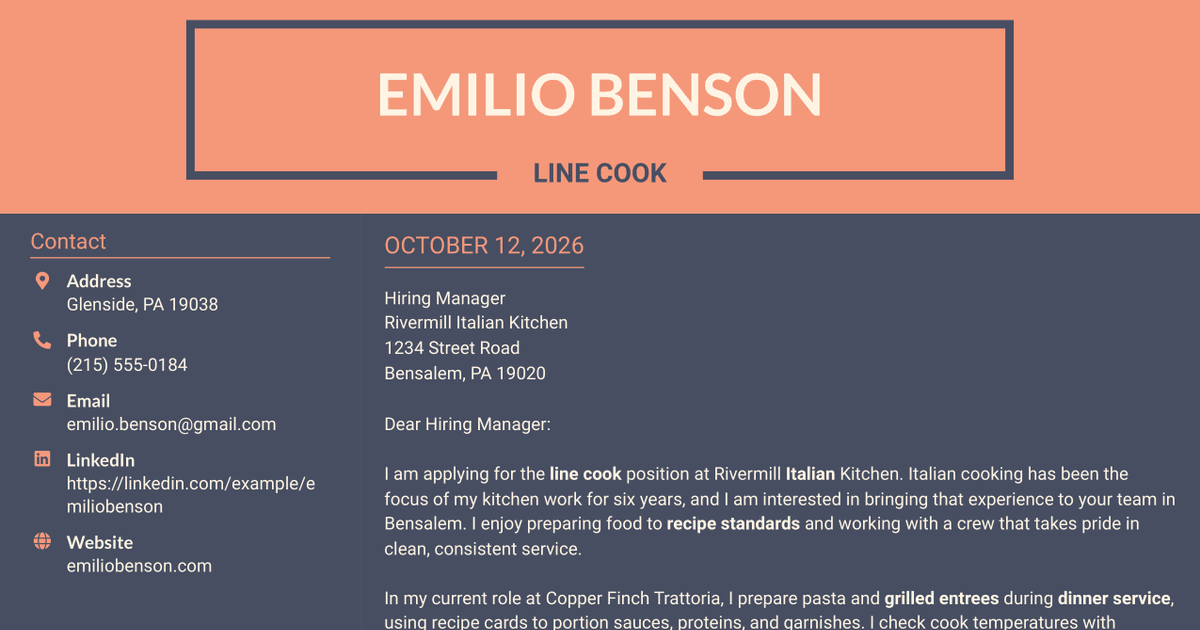 7 Line Cook - Italian Cuisine Cover Letter Templates with Example