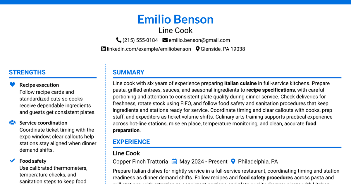 7 Line Cook - Italian Cuisine Resume Templates with Example