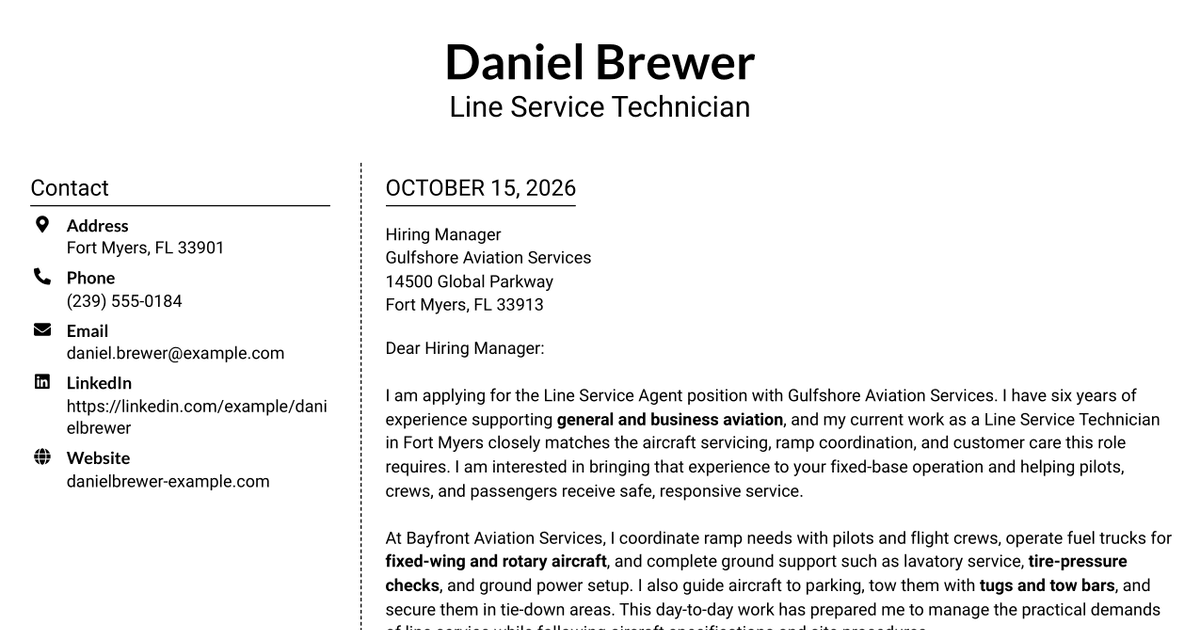 7 Line Service Agent - Aircraft Ground Services Cover Letter Templates with Example