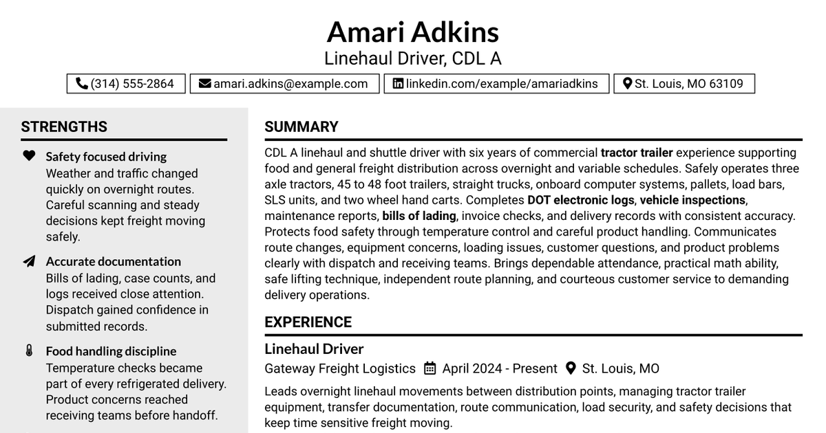 7 Linehaul/Shuttle Driver (CDL A) Resume Templates with Example