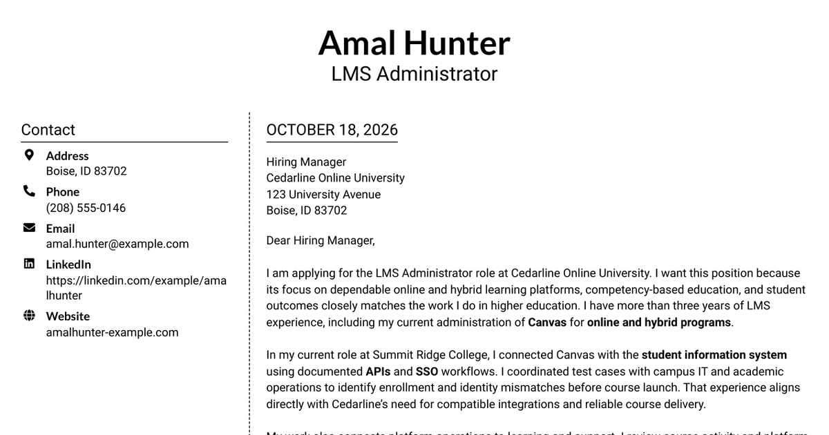 7 LMS Administrator - Higher Education Learning Platforms Cover Letter Templates with Example