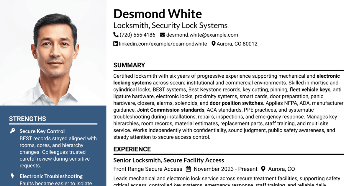 7 Locksmith - Security Lock Systems Resume Templates with Example