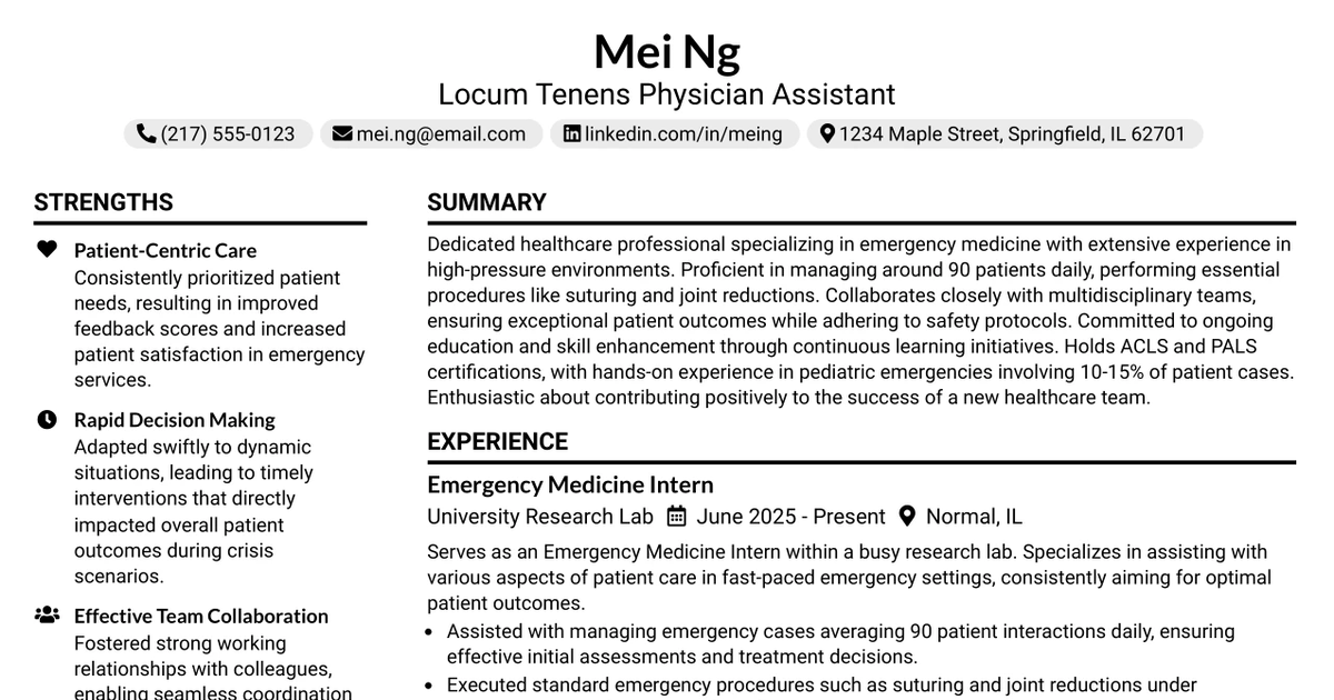 33 Locum Tenens Physician Assistant - Emergency Medicine Resume Templates with Example 2026 (ATS-Optimized)