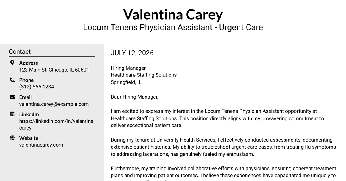 30+ Locum Tenens Physician Assistant - Urgent Care Cover Letter Templates with Example 2026