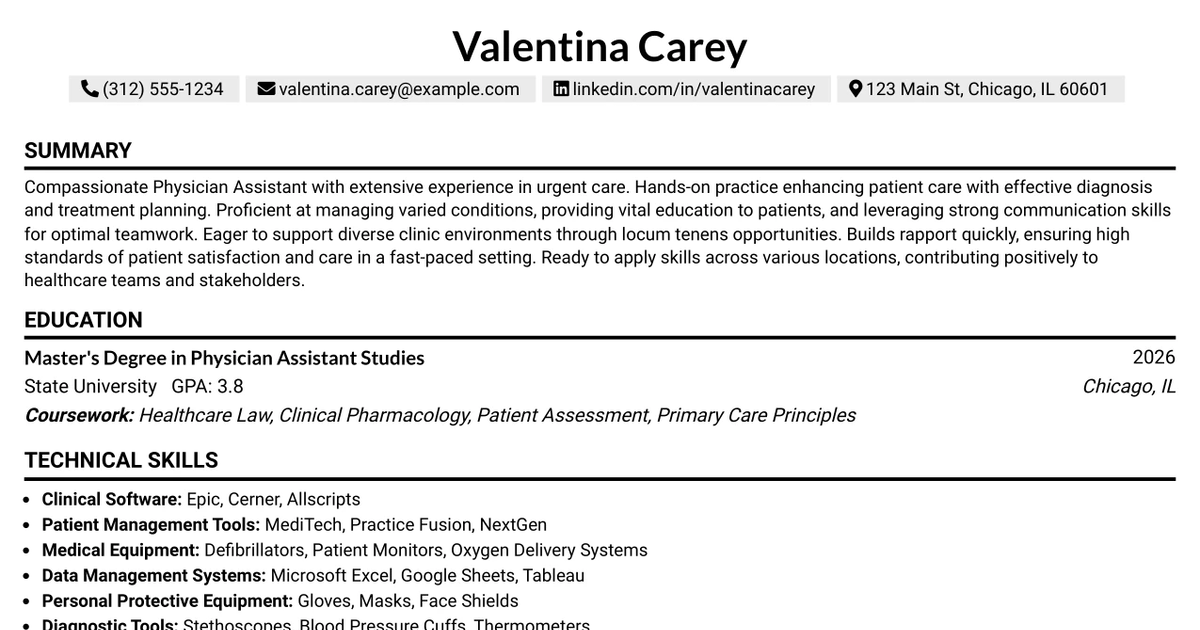 33 Locum Tenens Physician Assistant - Urgent Care Resume Templates with Example 2026