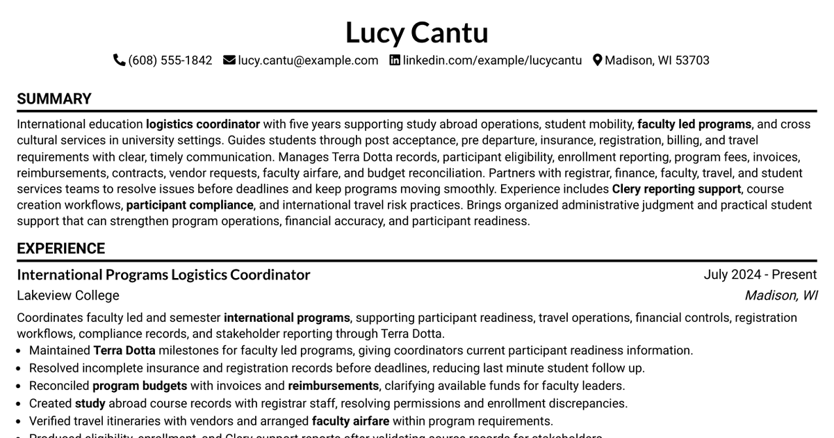 7 Logistics Coordinator - International Programs Resume Templates with Example