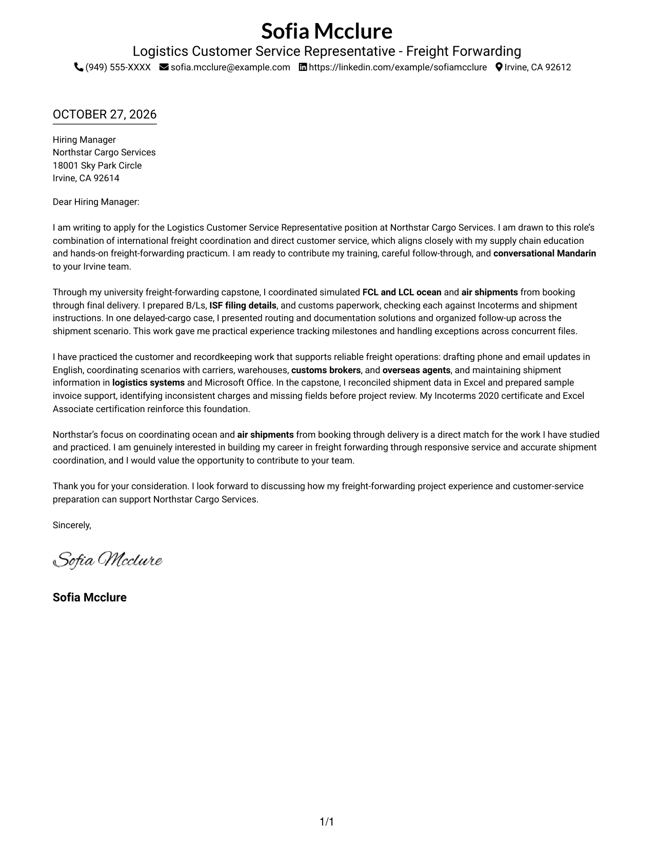 Cover letter example — page 1