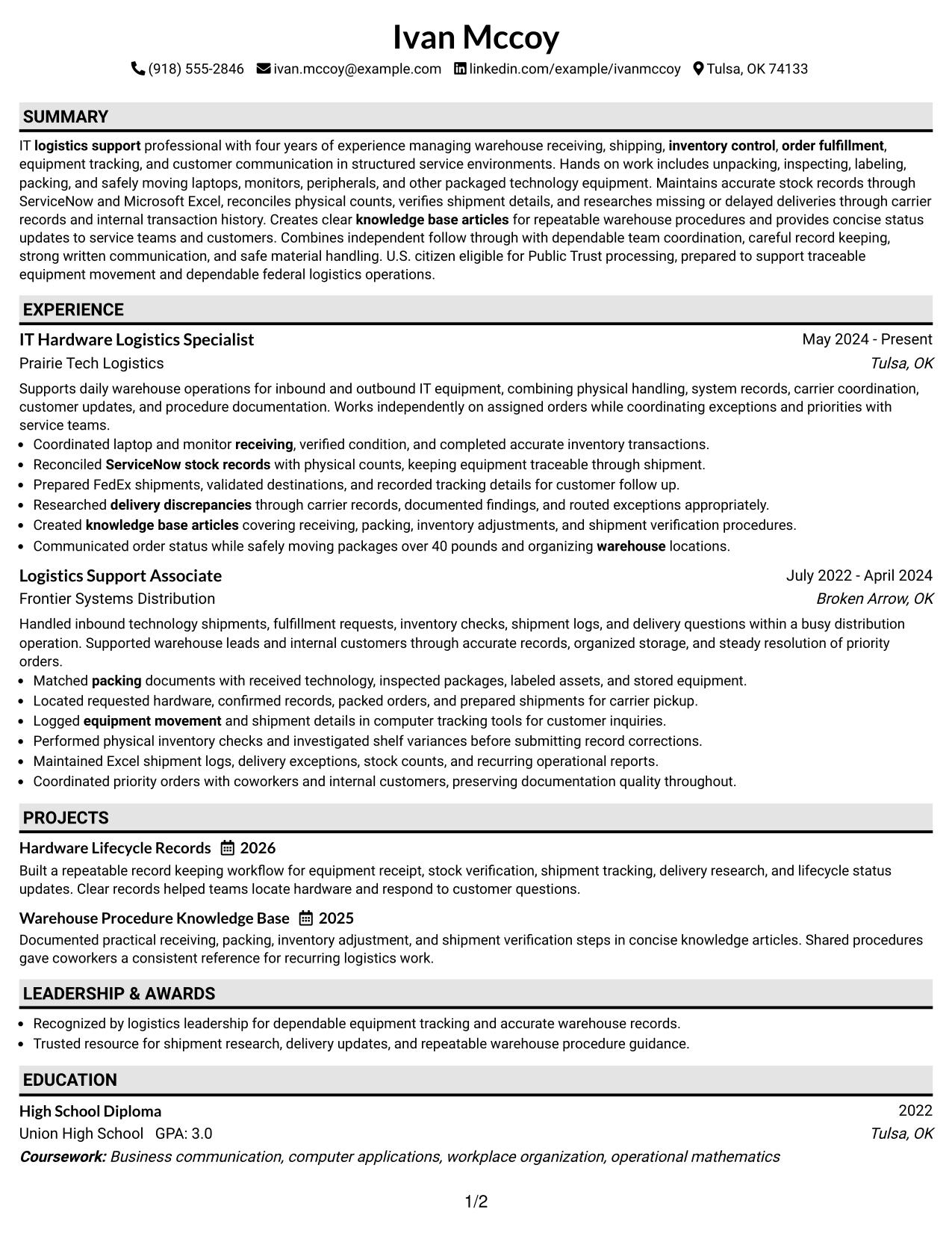 Resume Example Page 1
