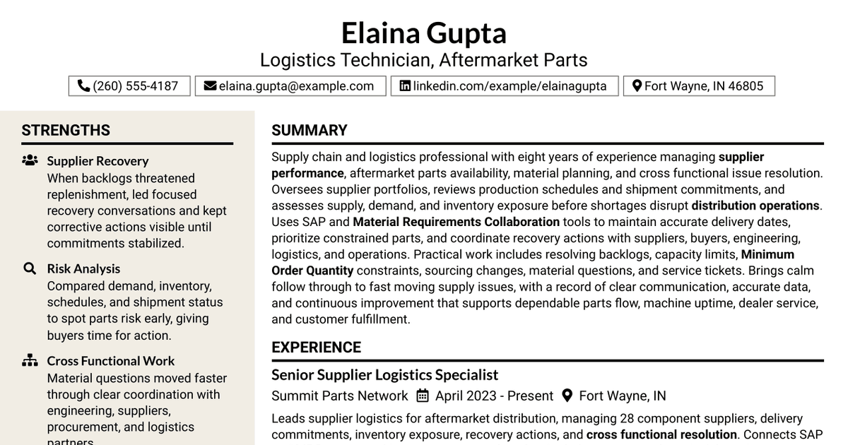 7 Logistics Technician - Aftermarket Parts Resume Templates with Example