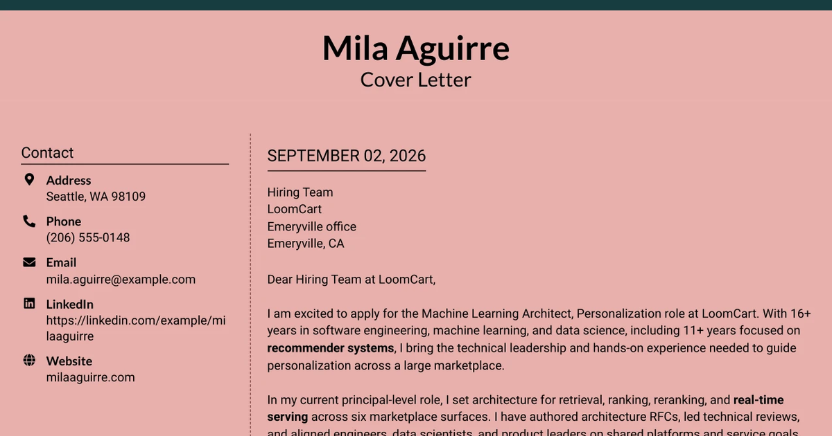 30+ Machine Learning Architect, Personalization Cover Letter Templates with Example 2026