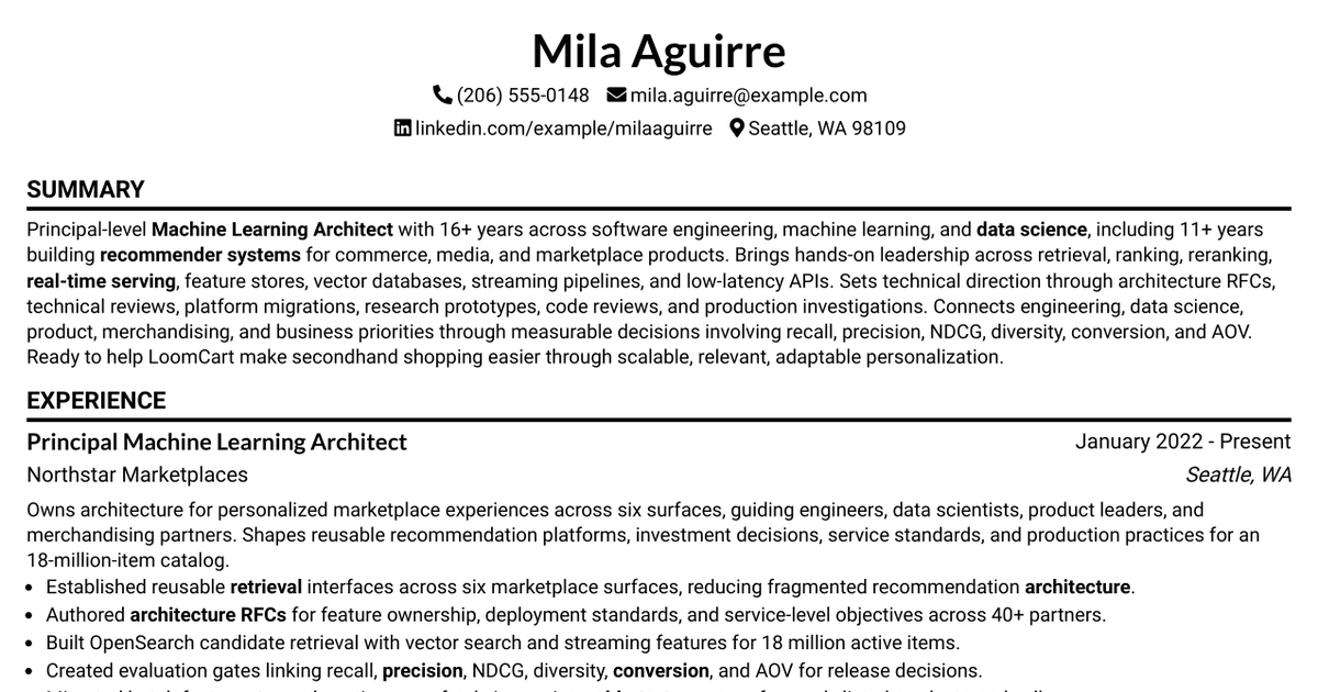 33 Machine Learning Architect, Personalization Resume Templates with Example 2026 (ATS-Optimized)