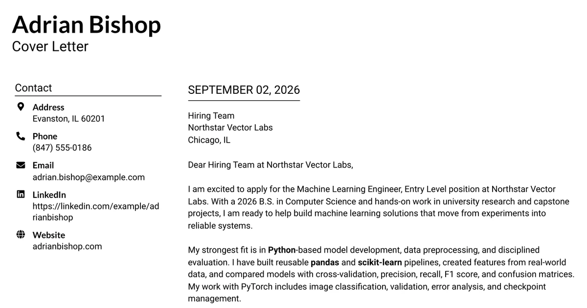 30+ Machine Learning Engineer, Entry Level Cover Letter Templates with Example 2026