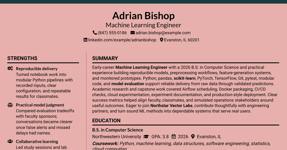 33 Machine Learning Engineer, Entry Level Resume Templates with Example 2026 (ATS-Optimized)