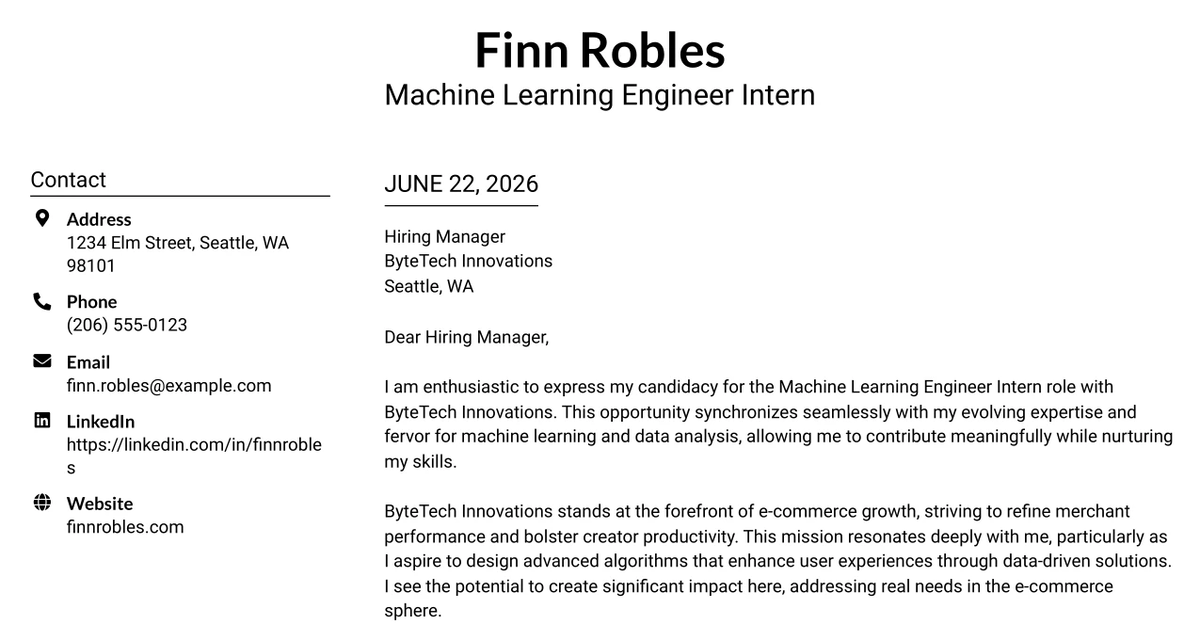 30+ Machine Learning Engineer Intern Cover Letter Templates with Example 2026