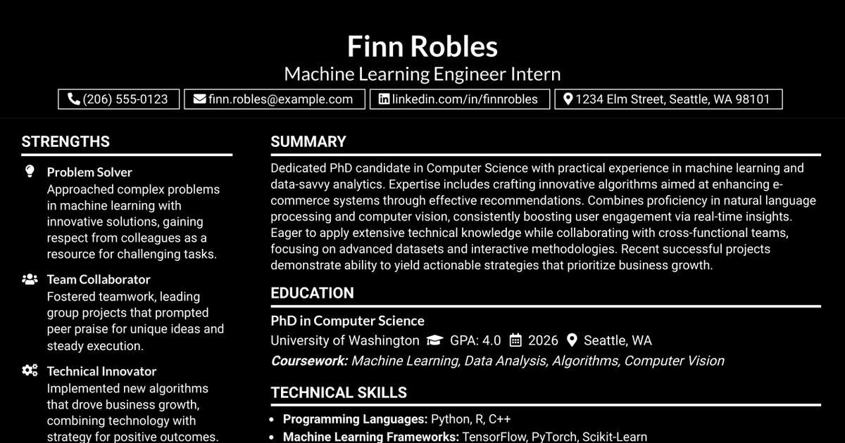 33 Machine Learning Engineer Intern Resume Templates with Example 2026 (ATS-Optimized)